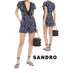 SANDRO Laith Wrap-Effect Lace-Trimmed Crepe De‎ Chine Playsuit Romper Sz 38 US 6